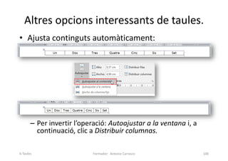 • Ajusta continguts automàticament:
– Per invertir l’operació: Autoajustar a la ventana i, a
continuació, clic a Distribuir columnas.
Altres opcions interessants de taules.
Formador: Antonio Carrasco 100
6-Taules
 