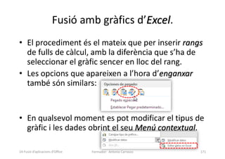 • El procediment és el mateix que per inserir rangs
de fulls de càlcul, amb la diferència que s’ha de
seleccionar el gràfic sencer en lloc del rang.
• Les opcions que apareixen a l’hora d’enganxar
també són similars:
• En qualsevol moment es pot modificar el tipus de
gràfic i les dades obrint el seu Menú contextual.
Fusió amb gràfics d’Excel.
Formador: Antonio Carrasco 171
14-Fusió d’aplicacions d’Office
 
