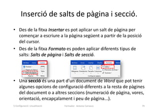 Inserció de salts de pàgina i secció.
• Des de la fitxa Insertar es pot aplicar un salt de pàgina per
començar a escriure a la pàgina següent a partir de la posició
del cursor.
• Des de la fitxa Formato es poden aplicar diferents tipus de
salts: Salts de pàgina i Salts de secció.
• Una secció és una part d’un document de Word que pot tenir
algunes opcions de configuració diferents a la resta de pàgines
del document o a altres seccions (numeració de pàgina, vores,
orientació, encapçalament i peu de pàgina...).
Formador: Antonio Carrasco 79
5-Configuració i visualització
 