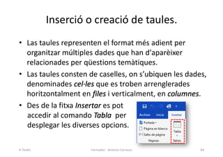 Inserció o creació de taules.
• Las taules representen el format més adient per
organitzar múltiples dades que han d'aparèixer
relacionades per qüestions temàtiques.
• Las taules consten de caselles, on s’ubiquen les dades,
denominades cel·les que es troben arrenglerades
horitzontalment en files i verticalment, en columnes.
• Des de la fitxa Insertar es pot
accedir al comando Tabla per
desplegar les diverses opcions.
Formador: Antonio Carrasco 84
6-Taules
 