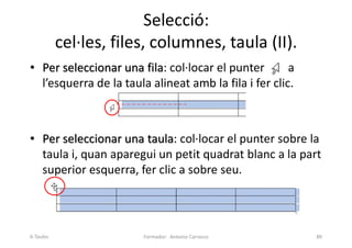 Selecció:
cel·les, files, columnes, taula (II).
• Per seleccionar una fila: col·locar el punter a
l’esquerra de la taula alineat amb la fila i fer clic.
• Per seleccionar una taula: col·locar el punter sobre la
taula i, quan aparegui un petit quadrat blanc a la part
superior esquerra, fer clic a sobre seu.
Formador: Antonio Carrasco 89
6-Taules
 