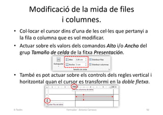 • Col·locar el cursor dins d’una de les cel·les que pertanyi a
la fila o columna que es vol modificar.
• Actuar sobre els valors dels comandos Alto i/o Ancho del
grup Tamaño de celda de la fitxa Presentación.
• També es pot actuar sobre els controls dels regles vertical i
horitzontal quan el cursor es transformi en la doble fletxa.
Modificació de la mida de files
i columnes.
Formador: Antonio Carrasco 92
6-Taules
 