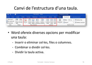 Canvi de l’estructura d’una taula.
• Word ofereix diverses opcions per modificar
una taula:
- Inserir o eliminar cel·les, files o columnes.
- Combinar o dividir cel·les.
- Dividir la taula activa.
Formador: Antonio Carrasco 95
6-Taules
 