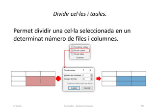 Dividir cel·les i taules.
Permet dividir una cel·la seleccionada en un
determinat número de files i columnes.
Formador: Antonio Carrasco 99
6-Taules
 