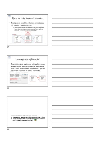 Tipus de relacions entre taules.
• Tres tipus de possibles relacions entre taules:
c) Diversos a diversos (n  n):
• Relacions on per a cada registre d'una taula hi poden
haver diversos registres relacionats a l'altra taula i a
l'inrevés. Cal crear una taula intermèdia.
Taula
intermèdia
Formador: Antonio Carrasco 67
3-Relacions entre taules
La integritat referencial
• És un sistema de regles que utilitza Access per
assegurar que les relacions entre registres de
dues taules relacionades siguin vàlids i que no
s’esborrin o canviïn de forma accidental.
Formador: Antonio Carrasco 68
3-Relacions entre taules
4. CREACIÓ, MODIFICACIÓ I ELIMINACIÓ
DE VISTES O CONSULTES.
Aplicacions Informàtiques de Bases de Dades Relacionals.
67
68
69
 