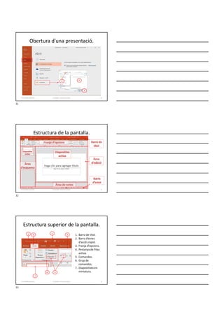 Obertura d'una presentació.
Formador: Antonio Carrasco
1 2
3
31
2-Conceptes generals
Estructura de la pantalla.
Formador: Antonio Carrasco 32
2-Conceptes generals
Estructura superior de la pantalla.
1. Barra de títol.
2. Barra d’eines
d’accés ràpid.
3. Franja d’opcions.
4. Pestanya de fitxa
activa.
5. Comandos.
6. Grup de
comandos.
7. Diapositives en
miniatura.
1
2 3
4
5
6
7
Formador: Antonio Carrasco 33
2-Conceptes generals
31
32
33
 