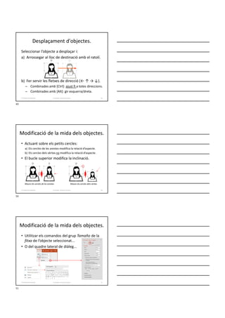 Seleccionar l’objecte a desplaçar i:
a) Arrossegar al lloc de destinació amb el ratolí.
b) Fer servir les ﬂetxes de direcció (← ↑ → ↓).
– Combinades amb [Ctrl]: ajust fi a totes direccions.
– Combinades amb [Alt]: gir esquerra/dreta.
Desplaçament d'objectes.
Formador: Antonio Carrasco 49
4-Treball amb objectes
• Actuant sobre els petits cercles:
a) Els cercles de les arestes modifica la relació d’aspecte.
b) Els cercles dels vèrtex no modifica la relació d’aspecte.
• El bucle superior modifica la inclinació.
Moure els cercles de les arestes Moure els cercles dels vèrtex
Modificació de la mida dels objectes.
Formador: Antonio Carrasco 50
4-Treball amb objectes
Modificació de la mida dels objectes.
• Utilitzar els comandos del grup Tamaño de la
fitxa de l’objecte seleccionat...
• O del quadre lateral de diàleg...
Formador: Antonio Carrasco 51
4-Treball amb objectes
49
50
51
 