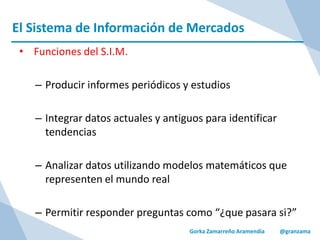 El Sistema de Información de Mercados
Gorka Zamarreño Aramendia @granzama
• Funciones del S.I.M.
– Producir informes periódicos y estudios
– Integrar datos actuales y antiguos para identificar
tendencias
– Analizar datos utilizando modelos matemáticos que
representen el mundo real
– Permitir responder preguntas como “¿que pasara si?”
 