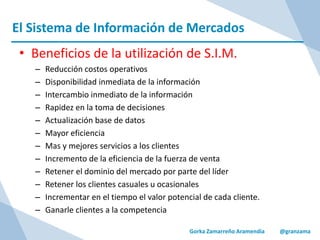 El Sistema de Información de Mercados
Gorka Zamarreño Aramendia @granzama
• Beneficios de la utilización de S.I.M.
– Reducción costos operativos
– Disponibilidad inmediata de la información
– Intercambio inmediato de la información
– Rapidez en la toma de decisiones
– Actualización base de datos
– Mayor eficiencia
– Mas y mejores servicios a los clientes
– Incremento de la eficiencia de la fuerza de venta
– Retener el dominio del mercado por parte del líder
– Retener los clientes casuales u ocasionales
– Incrementar en el tiempo el valor potencial de cada cliente.
– Ganarle clientes a la competencia
 