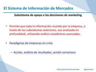 El Sistema de Información de Mercados
Gorka Zamarreño Aramendia @granzama
Subsistema de apoyo a las decisiones de marketing
• Permite que toda la información reunida por la empresa, a
través de los subsistemas anteriores, sea analizada en
profundidad, utilizando análisis estadísticos avanzados.
• Paradigmas de empresas en crisis
– Acción, análisis de resultados, acción correctora
 