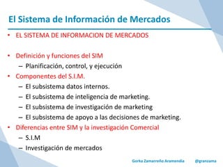 El Sistema de Información de Mercados
Gorka Zamarreño Aramendia @granzama
• EL SISTEMA DE INFORMACION DE MERCADOS
• Definición y funciones del SIM
– Planificación, control, y ejecución
• Componentes del S.I.M.
– El subsistema datos internos.
– El subsistema de inteligencia de marketing.
– El subsistema de investigación de marketing
– El subsistema de apoyo a las decisiones de marketing.
• Diferencias entre SIM y la investigación Comercial
– S.I.M
– Investigación de mercados
 