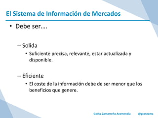 El Sistema de Información de Mercados
Gorka Zamarreño Aramendia @granzama
• Debe ser….
– Solida
• Suficiente precisa, relevante, estar actualizada y
disponible.
– Eficiente
• El coste de la información debe de ser menor que los
beneficios que genere.
 