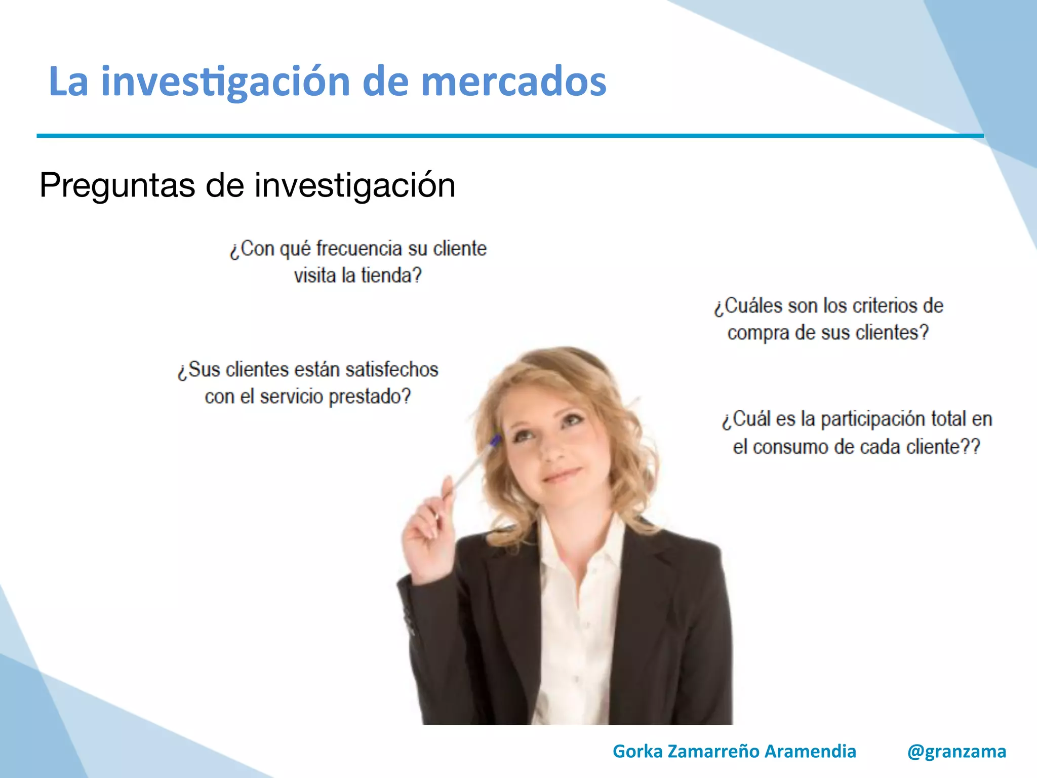 Gorka	
  Zamarreño	
  Aramendia	
  	
  	
  	
  	
  	
  	
  	
  	
  	
  	
  @granzama	
  
	
  
	
  
La	
  inves/gación	
  de	
  mercados	
  
Preguntas de investigación
 