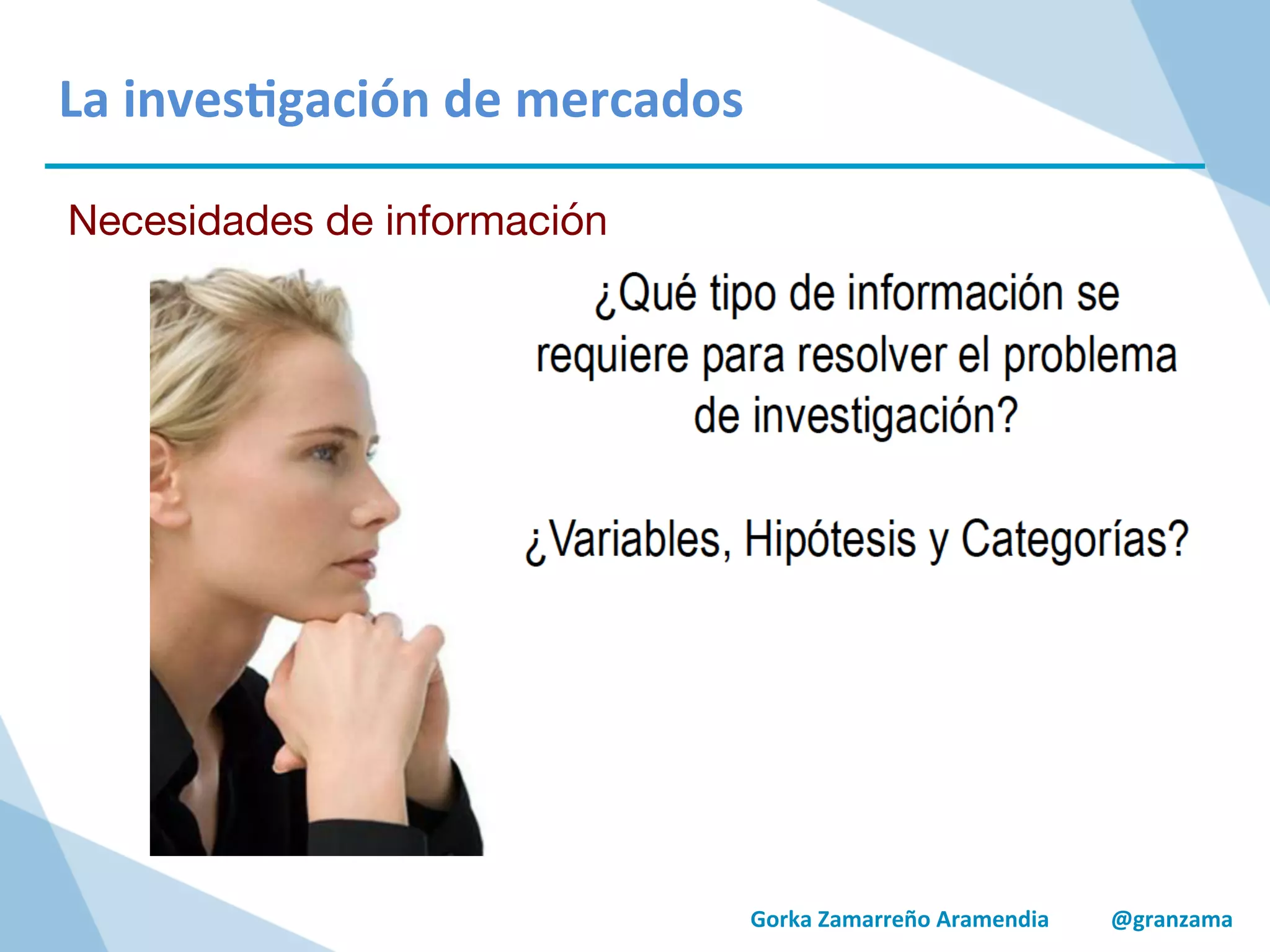 Gorka	
  Zamarreño	
  Aramendia	
  	
  	
  	
  	
  	
  	
  	
  	
  	
  	
  @granzama	
  
	
  
	
  
La	
  inves/gación	
  de	
  mercados	
  
Necesidades de información
 