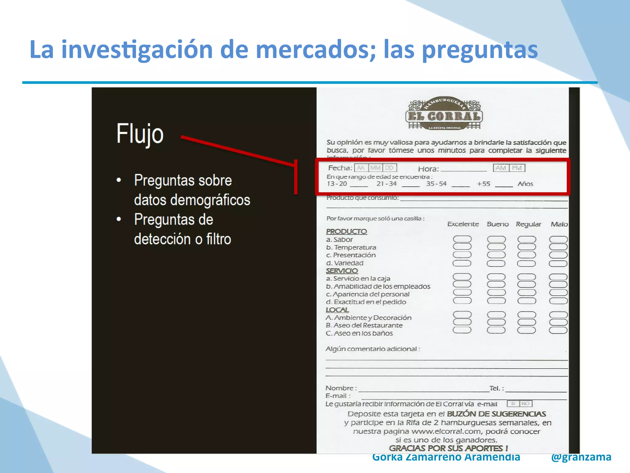 Gorka	
  Zamarreño	
  Aramendia	
  	
  	
  	
  	
  	
  	
  	
  	
  	
  	
  @granzama	
  
La	
  inves/gación	
  de	
  mercados;	
  las	
  preguntas	
  
 
