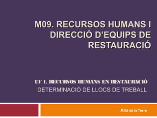 M09. RECURSOS HUMANS IM09. RECURSOS HUMANS I
DIRECCIÓ D’EQUIPS DEDIRECCIÓ D’EQUIPS DE
RESTAURACIÓRESTAURACIÓ
UF 1. RECURSOS HUMANS EN RESTAURACIÓ
DETERMINACIÓ DE LLOCS DE TREBALL
Ana de la Torre
 
