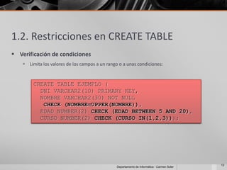 1.2. Restricciones en CREATE TABLE
 Verificación de condiciones
     Limita los valores de los campos a un rango o a unas condiciones:



         CREATE TABLE EJEMPLO (
           DNI VARCHAR2(10) PRIMARY KEY,
           NOMBRE VARCHAR2(30) NOT NULL
            CHECK (NOMBRE=UPPER(NOMBRE)),
           EDAD NUMBER(2) CHECK (EDAD BETWEEN 5 AND 20),
           CURSO NUMBER(2) CHECK (CURSO IN(1,2,3)));




                                                                                              13
                                                 Departamento de Informática - Carmen Soler
 