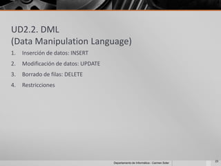 UD2.2. DML
(Data Manipulation Language)
1.   Inserción de datos: INSERT
2.   Modificación de datos: UPDATE
3.   Borrado de filas: DELETE
4.   Restricciones




                                                                                  23
                                     Departamento de Informática - Carmen Soler
 