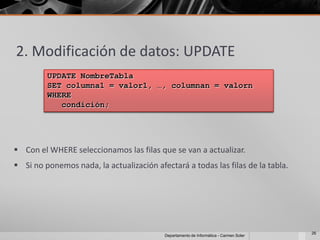 2. Modificación de datos: UPDATE
         UPDATE NombreTabla
         SET columna1 = valor1, …, columnan = valorn
         WHERE
            condición;




 Con el WHERE seleccionamos las filas que se van a actualizar.
 Si no ponemos nada, la actualización afectará a todas las filas de la tabla.




                                                                                       26
                                          Departamento de Informática - Carmen Soler
 