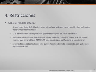 4. Restricciones
 Sobre el modelo anterior
     Si queremos dejar definidas las claves primarias y foráneas en su creación, ¿en qué orden
      deberíamos crear las tablas?
     ¿Y si definiéramos claves primarias y foráneas después de crear las tablas?
     Suponemos que la base de datos está vacía y todas las columnas son NOT NULL. Quiero
      insertar algo en la tabla de PERSONAS y no podré, ¿por qué? ¿cómo lo solucionaría?
     Si hay datos en todas las tablas y no quiero hacer un borrado en cascada, ¿en qué orden
      debo eliminarlos?




                                                                                                  31
                                                 Departamento de Informática - Carmen Soler
 