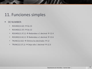 11. Funciones simples
 DE NUMBER:
    ROUND(12.62)  Da 13
    ROUND(12.37)  Da 12
    ROUND(12.37,1)  Redondea a 1 decimal  12.4
    ROUND(12.62,1)  Redondea a 1 decimal  12.6
    TRUNC(12.62)  Elimina los decimales  12
    TRUNC(12.37,1)  Deja sólo 1 decimal  12.3




                                                                                         53
                                            Departamento de Informática - Carmen Soler
 