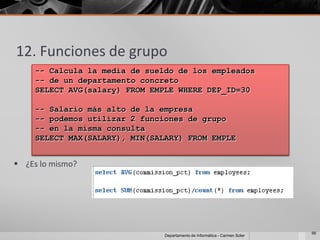 12. Funciones de grupo
     -- Calcula la media de sueldo de los empleados
     -- de un departamento concreto
     SELECT AVG(salary) FROM EMPLE WHERE DEP_ID=30

     -- Salario más alto de la empresa
     -- podemos utilizar 2 funciones de grupo
     -- en la misma consulta
     SELECT MAX(SALARY), MIN(SALARY) FROM EMPLE


 ¿Es lo mismo?




                                                                             56
                                Departamento de Informática - Carmen Soler
 