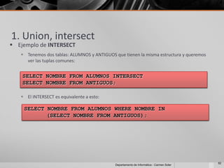 1. Union, intersect
 Ejemplo de INTERSECT
    Tenemos dos tablas: ALUMNOS y ANTIGUOS que tienen la misma estructura y queremos
     ver las tuplas comunes:


    SELECT NOMBRE FROM ALUMNOS INTERSECT
    SELECT NOMBRE FROM ANTIGUOS;

    El INTERSECT es equivalente a esto:

    SELECT NOMBRE FROM ALUMNOS WHERE NOMBRE IN
           (SELECT NOMBRE FROM ANTIGUOS);




                                                                                         82
                                            Departamento de Informática - Carmen Soler
 