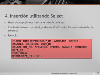 4. Inserción utilizando Select
 Hasta ahora podíamos insertar una tupla cada vez.
 Combinándolo con un select, podemos añadir tantas filas como devuelva la
  consulta:
 Ejemplo:
      INSERT INTO EMPLE30(EMP_NO, APELLIDO, OFICIO,
      SALARIO, COMISION, DEPT_NO) (
      SELECT EMP_NO, APELLIDO, OFICIO, SALARIO, COMISION,
      DEPT_NO
      FROM EMPLE
      WHERE DEPT_NO = 30);




                                                                                    88
                                       Departamento de Informática - Carmen Soler
 