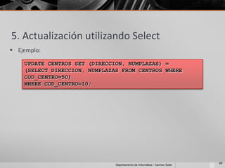 5. Actualización utilizando Select
 Ejemplo:

    UPDATE CENTROS SET (DIRECCION, NUMPLAZAS) =
    (SELECT DIRECCION, NUMPLAZAS FROM CENTROS WHERE
    COD_CENTRO=50)
    WHERE COD_CENTRO=10;




                                                                            89
                               Departamento de Informática - Carmen Soler
 