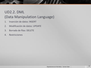 UD2.2. DML
(Data Manipulation Language)
1.   Inserción de datos: INSERT
2.   Modificación de datos: UPDATE
3.   Borrado de...
