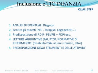 Inclusione e TIC INFANZIA
QUALI STEP
1. ANALISI DI EVENTUALI Diagnosi
2. Sentire gli esperti (NPI , Terapisti, Logopedisti...
