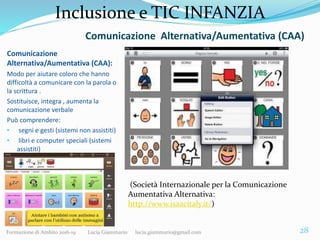 Inclusione e TIC INFANZIA
Comunicazione
Alternativa/Aumentativa (CAA):
Modo per aiutare coloro che hanno
difficoltà a comu...