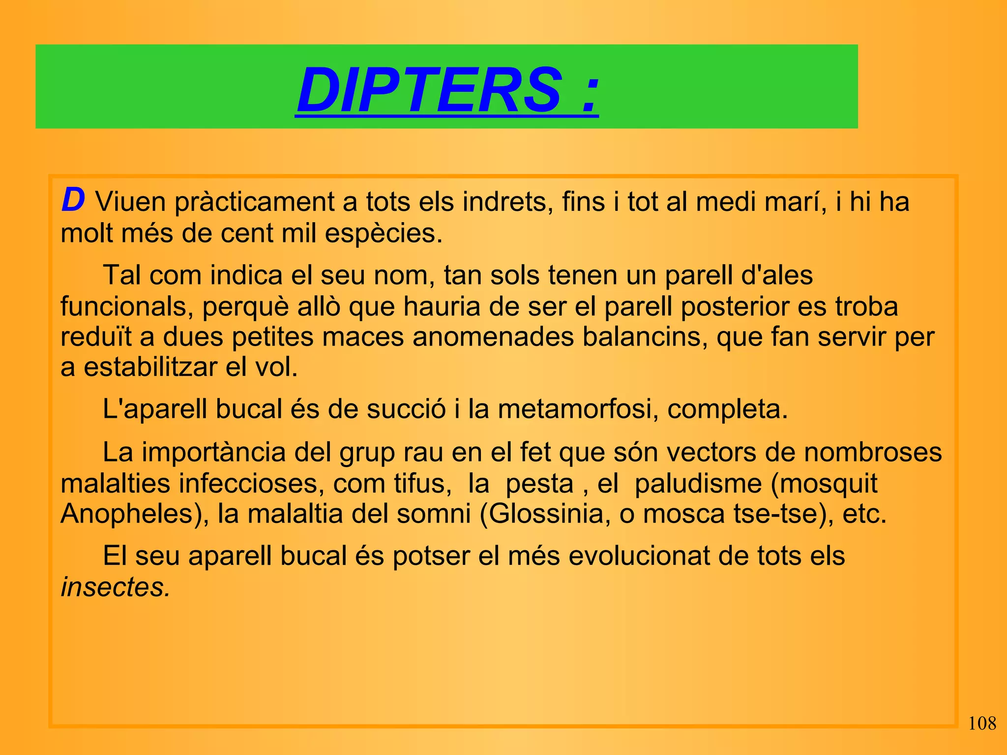 DIPTERS :   Viuen pràcticament a tots els indrets, fins i tot al medi marí, i hi ha molt més de cent mil espècies.    Tal com indica el seu nom, tan sols tenen un parell d'ales funcionals, perquè allò que hauria de ser el parell posterior es troba reduït a dues petites maces anomenades balancins, que fan servir per a estabilitzar el vol.   L'aparell bucal és de succió i la metamorfosi, completa.   La importància del grup rau en el fet que són vectors de nombroses malalties infeccioses, com tifus,  la  pesta , el  paludisme (mosquit Anopheles), la malaltia del somni (Glossinia, o mosca tse-tse), etc.    El seu aparell bucal és potser el més evolucionat de tots els   insectes.   
