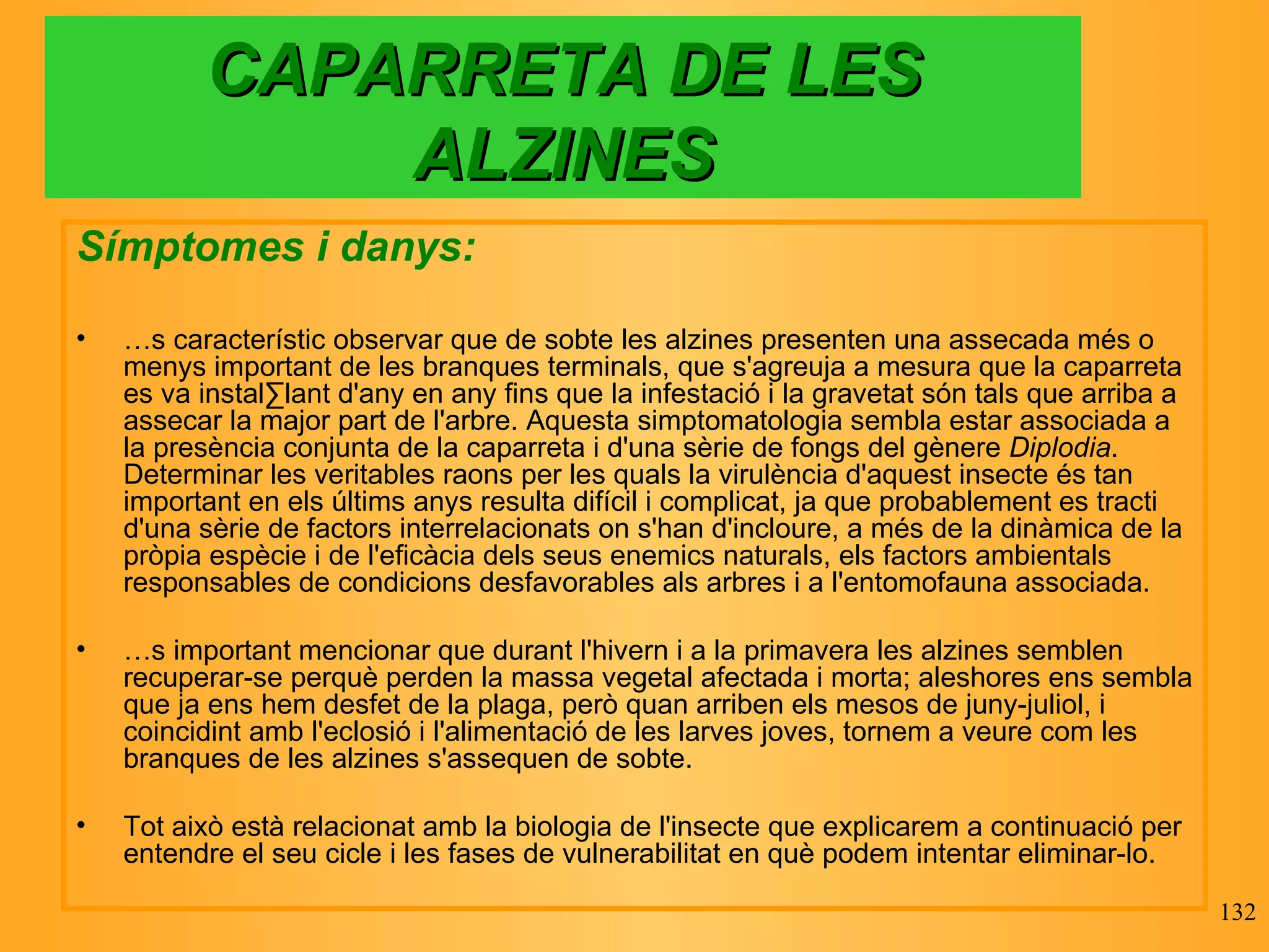 CAPARRETA DE LES ALZINES Símptomes i danys: És característic observar que de sobte les alzines presenten una assecada més o menys important de les branques terminals, que s'agreuja a mesura que la caparreta es va instal·lant d'any en any fins que la infestació i la gravetat són tals que arriba a assecar la major part de l'arbre. Aquesta simptomatologia sembla estar associada a la presència conjunta de la caparreta i d'una sèrie de fongs del gènere  Diplodia . Determinar les veritables raons per les quals la virulència d'aquest insecte és tan important en els últims anys resulta difícil i complicat, ja que probablement es tracti d'una sèrie de factors interrelacionats on s'han d'incloure, a més de la dinàmica de la pròpia espècie i de l'eficàcia dels seus enemics naturals, els factors ambientals responsables de condicions desfavorables als arbres i a l'entomofauna associada. És important mencionar que durant l'hivern i a la primavera les alzines semblen recuperar-se perquè perden la massa vegetal afectada i morta; aleshores ens sembla que ja ens hem desfet de la plaga, però quan arriben els mesos de juny-juliol, i coincidint amb l'eclosió i l'alimentació de les larves joves, tornem a veure com les branques de les alzines s'assequen de sobte. Tot això està relacionat amb la biologia de l'insecte que explicarem a continuació per entendre el seu cicle i les fases de vulnerabilitat en què podem intentar eliminar-lo.  