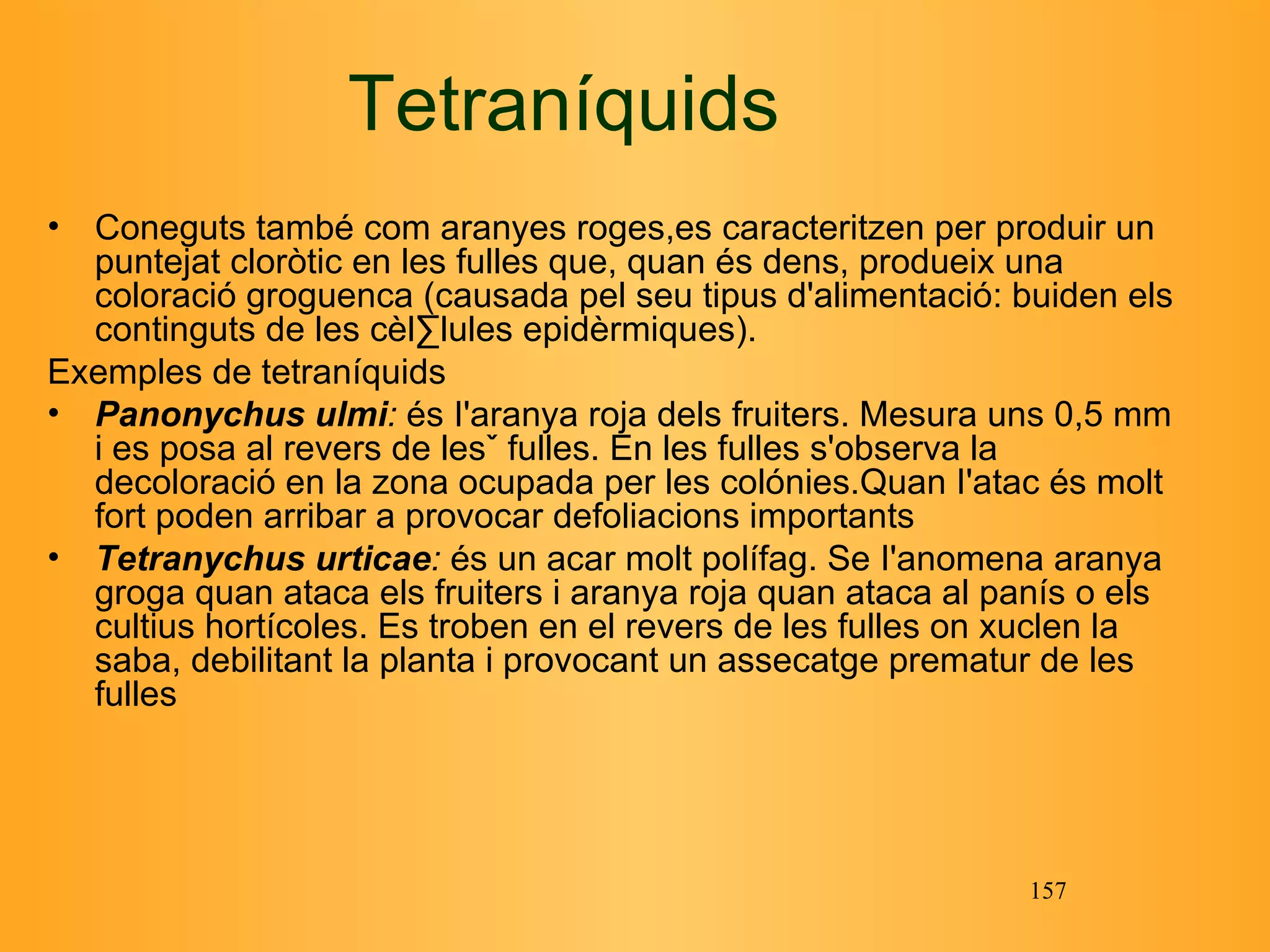 Tetraníquids Coneguts també com aranyes roges,es caracteritzen per produir un puntejat cloròtic en les fulles que, quan és dens, produeix una coloració groguenca (causada pel seu tipus d'alimentació: buiden els continguts de les cèl·lules epidèrmiques). Exemples de tetraníquids Panonychus ulmi :  és I'aranya roja dels fruiters. Mesura uns 0,5 mm i es posa al revers de lesˇ fulles.  En les fulles s'observa la decoloració en la zona ocupada per les colónies.Quan I'atac és molt fort poden arribar a provocar defoliacions importants  Tetranychus urticae :  és un acar molt polífag. Se I'anomena aranya groga quan ataca els fruiters i aranya roja quan ataca al panís o els cultius hortícoles. Es troben en el revers de les fulles on xuclen la saba, debilitant la planta i provocant un assecatge prematur de les fulles  