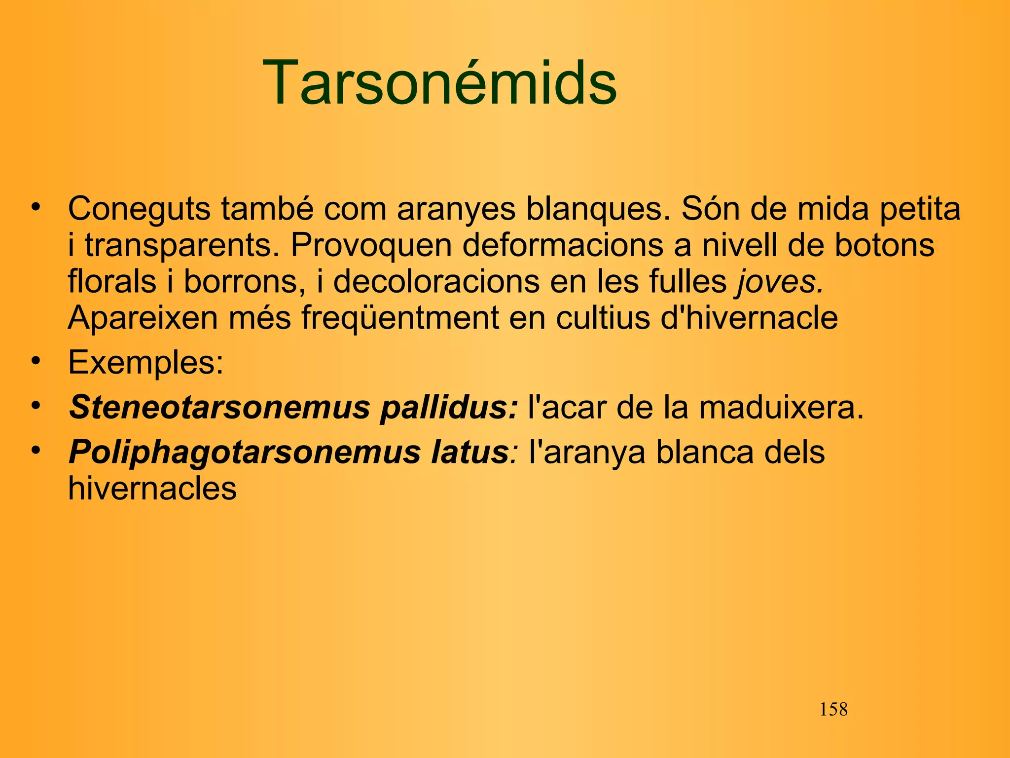 Tarsonémids Coneguts també com aranyes blanques. Són de mida petita i transparents. Provoquen deformacions a nivell de botons florals i borrons, i decoloracions en les fulles  joves.  Apareixen més freqüentment en cultius d'hivernacle Exemples: Steneotarsonemus pallidus:   l'acar de la maduixera.  Poliphagotarsonemus latus :  I'aranya blanca dels hivernacles 