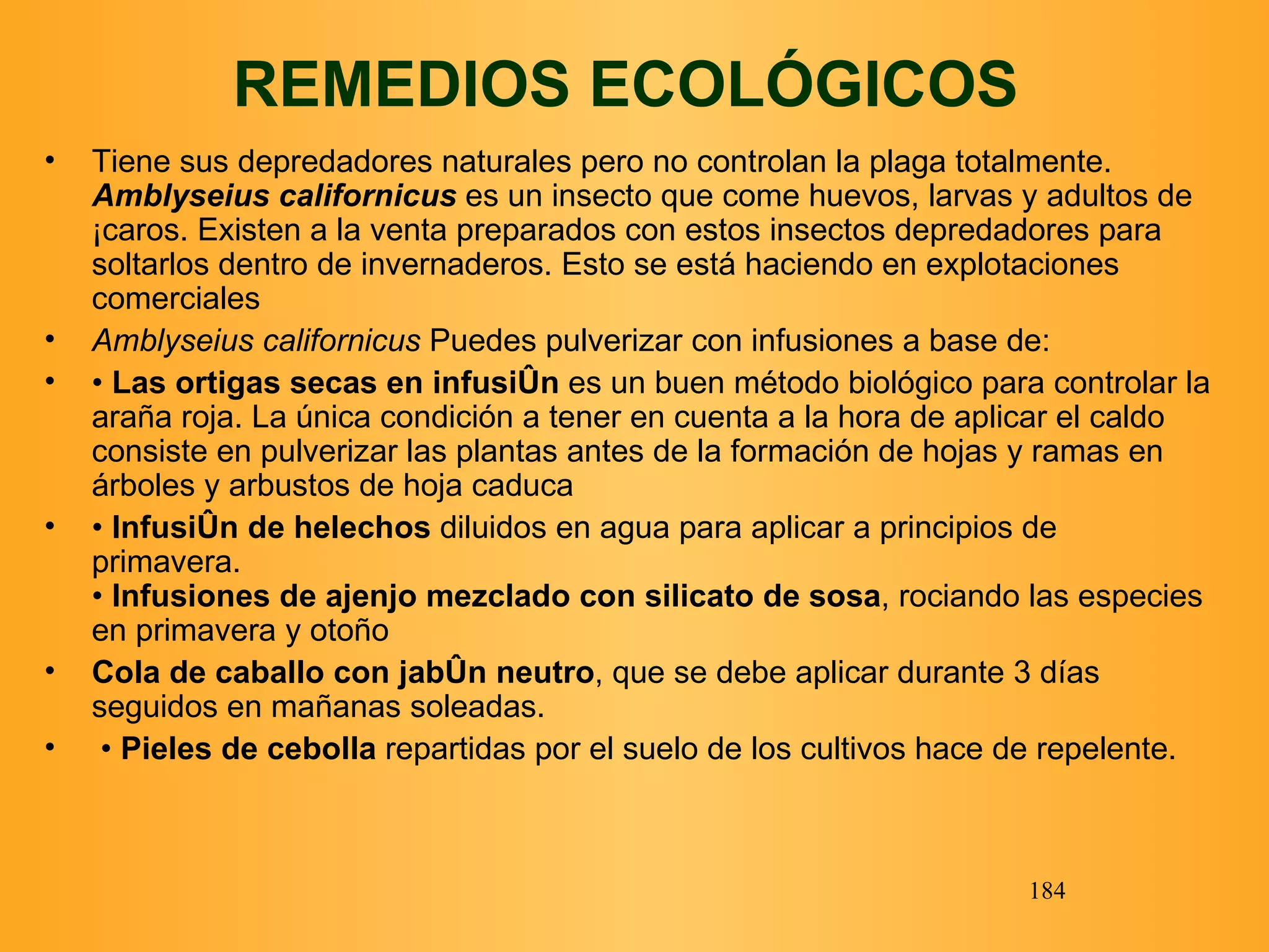 REMEDIOS ECOLÓGICOS   Tiene sus depredadores naturales pero no controlan la plaga totalmente.  Amblyseius californicus  es un insecto que come huevos, larvas y adultos de Ácaros. Existen a la venta preparados con estos insectos depredadores para soltarlos dentro de invernaderos. Esto se está haciendo en explotaciones comerciales Amblyseius californicus  Puedes pulverizar con infusiones a base de: •  Las ortigas secas en infusión  es un buen método biológico para controlar la araña roja. La única condición a tener en cuenta a la hora de aplicar el caldo consiste en pulverizar las plantas antes de la formación de hojas y ramas en árboles y arbustos de hoja caduca •  Infusión de helechos  diluidos en agua para aplicar a principios de primavera. •  Infusiones de ajenjo mezclado con silicato de sosa , rociando las especies en primavera y otoño Cola de caballo con jabón neutro , que se debe aplicar durante 3 días seguidos en mañanas soleadas. •  Pieles de cebolla  repartidas por el suelo de los cultivos hace de repelente.  