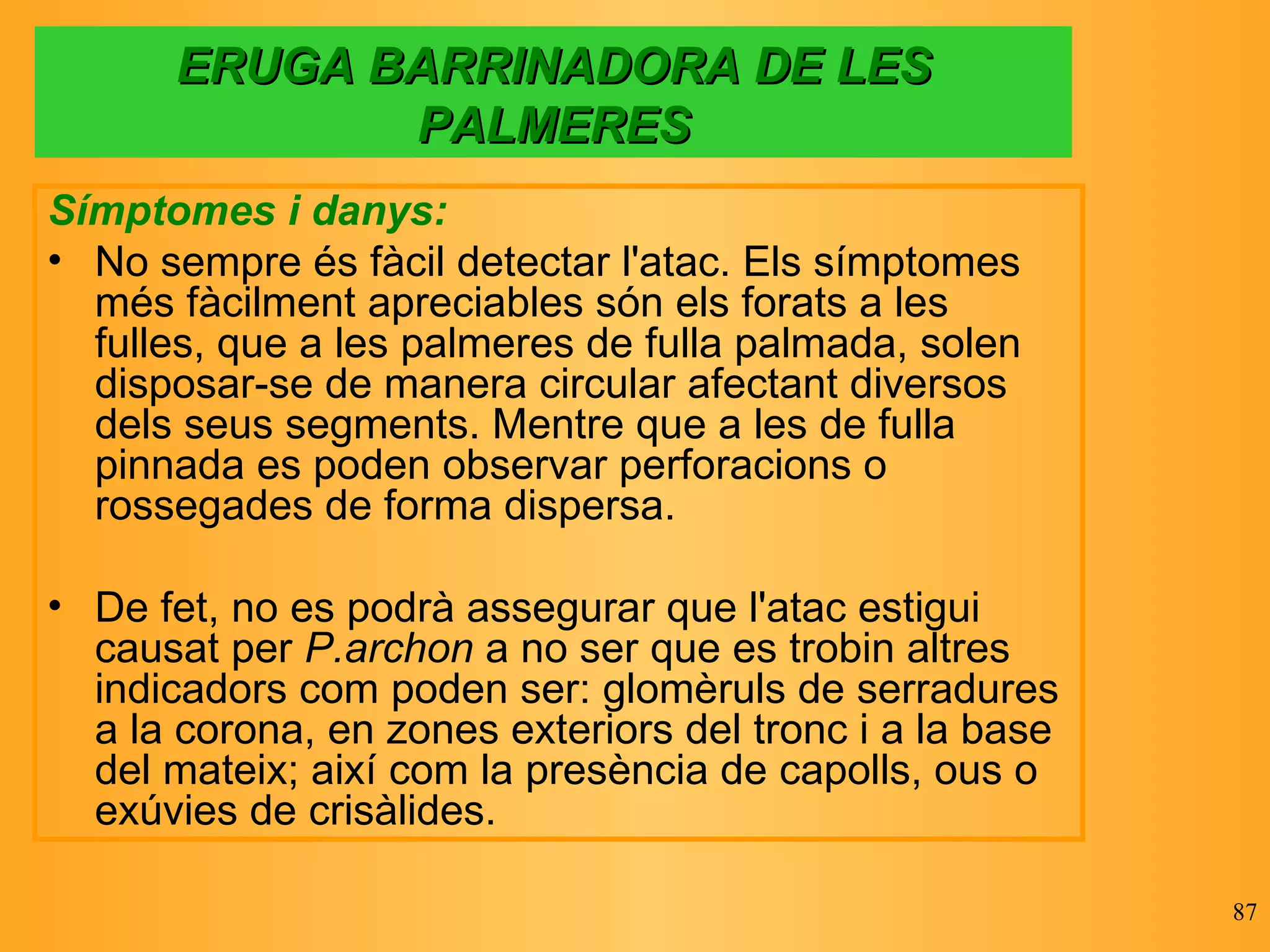 ERUGA BARRINADORA DE LES PALMERES Símptomes i danys: No sempre és fàcil detectar l'atac. Els símptomes més fàcilment apreciables són els forats a les fulles, que a les palmeres de fulla palmada, solen disposar-se de manera circular afectant diversos dels seus segments. Mentre que a les de fulla pinnada es poden observar perforacions o rossegades de forma dispersa.  De fet, no es podrà assegurar que l'atac estigui causat per  P.archon  a no ser que es trobin altres indicadors com poden ser: glomèruls de serradures a la corona, en zones exteriors del tronc i a la base del mateix; així com la presència de capolls, ous o exúvies de crisàlides.  