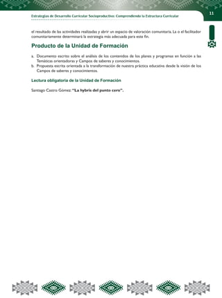 Estrategias de Desarrollo Curricular Socioproductivo: Comprendiendo la Estructura Curricular
11
el resultado de las actividades realizadas y abrir un espacio de valoración comunitaria. La o el facilitador
comunitariamente determinará la estrategia más adecuada para este fin.
Producto de la Unidad de Formación
a.	 Documento escrito sobre el análisis de los contenidos de los planes y programas en función a las
Temáticas orientadoras y Campos de saberes y conocimientos.
b.	 Propuesta escrita orientada a la transformación de nuestra práctica educativa desde la visión de los
Campos de saberes y conocimientos.
Lectura obligatoria de la Unidad de Formación
Santiago Castro Gómez: “La hybris del punto cero”.
 