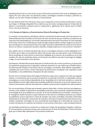 16
Ministerio de Educación
específicamente la tierra y el territorio,ya que la vida social comunitaria de los seres se despliega en este
espacio. Por esta razón estos tres elementos vitales y sociológicos sustentan al Campo y permiten su
relación con los otros Campos de Saberes y Conocimientos.
En esta dinámica,Vida Tierra Territorio tiene como componente al área de Ciencias Naturales, la misma
que integra a la Biología, Geografía, Física y Química, que de manera compleja propician el desarrollo de
saberes y conocimientos necesarios para la comprensión y significación de la relación entre la Madre
Tierra y los Seres Humanos.
1.2.2. Campo de Saberes y Conocimientos CienciaTecnología y Producción
La condición monoproductora del Estado colonial y neocolonial ha determinado que la formación en el
Sistema Educativo esté vinculada a la formación de mano de obra barata para solventar la producción de
materias primas demandadas por el mercado,sobrevalorando la formación humanística.En este entendido,
la formación técnica fue considerada,por lo general,algo marginal,aislado y de baja categoría.Los factores
que contribuyeron a esta percepción fueron la imagen social que tradicionalmente relacionó la formación
técnica con oficios u ocupaciones manuales,reducidas a trabajos empíricos sin conocimientos“científicos”.
Esto significó que en el ámbito del desarrollo técnico y tecnológico existieran muchas debilidades en la
formación que se daba a los estudiantes. Sobre todo porque áreas tan importantes como la Matemática
fueron enseñadas de modo teórico y memorístico desligadas de la práctica y de su posible uso en la vida
cotidiana. Por ello, los estudiantes tenían una formación muy débil en esta área lo que luego les obligaba
a elegir un área humanística, como derecho.
Actualmente, el Estado Plurinacional demanda la transformación de la matriz productiva y la generación
de condiciones que garanticen la seguridad y soberanía alimentaria, lo que implica que el Sistema Educa-
tivo Plurinacional fortalezca la formación técnica tecnológica y productiva desarrollando capacidades y
cualidades para crear, innovar y buscar alternativas económicas que contribuyan a dar respuestas a estas
necesidades y a las problemáticas emergentes de cada contexto.
En este marco,el Campo Ciencia,Tecnología y Producción surge como un espacio curricular que organiza
saberes y conocimientos de los procesos productivos, en particular formando en capacidades técnicas
tecnológicas en varios ámbitos dependiendo de las necesidades de la vida local, tomando en cuenta las
potencialidades de cada región.Desarrolla actividades perfilando la formación en el uso de máquinas,herra-
mientas,instrumentos y técnicas de producción,cuidando y preservando el equilibrio de cada ecosistema.
Por sus características,el Campo está orientado a generar,desarrollar o innovar técnicas y tecnologías per-
tinentes a cada realidad,recuperando las tecnologías ancestrales como articulando complementariamente
la tecnologías de otras procedencias.La escuela –al ser parte indivisible de la comunidad– contribuye con
la investigación desde la práctica y experimentación en las diversas actividades productivas que realizan
los pobladores, como la agricultura, crianza de animales, caza, pesca, actividades artesanales, industriales,
deshidratación de alimentos,construcción de viviendas y otros,para el sostenimiento de la vida,así como
también estudiando tecnologías de otras porcedencias (tecnologías de la diversidad del culturas del
mundo) consistentes en maquinas, herramientas o instrumentos coherentes a cada actividad productiva.
Las actividades productivas se convierten en medios para el logro de aprendizajes integrales y holísticos.
En esta perspectiva, el presente Campo está compuesto por las áreas de Matemática yTécnicaTecnoló-
gicas, que se desarrollan aplicándose a los procesos productivos.
 