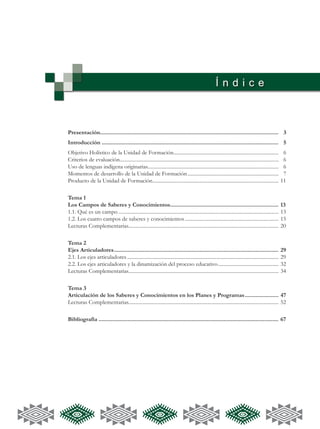 Í n d i c e
Presentación...................................................................................................................... 3
Introducción..................................................................................................................... 5
Objetivo Holístico de la Unidad de Formación.................................................................................. 6
Criterios de evaluación............................................................................................................................ 6
Uso de lenguas indígena originarias....................................................................................................... 6
Momentos de desarrollo de la Unidad de Formación........................................................................ 7
Producto de la Unidad de Formación................................................................................................... 11
Tema 1
Los Campos de Saberes y Conocimientos........................................................................ 13
1.1. Qué es un campo.............................................................................................................................. 13
1.2. Los cuatro campos de saberes y conocimientos.......................................................................... 15
Lecturas Complementarias...................................................................................................................... 20
Tema 2
Ejes Articuladores............................................................................................................. 29
2.1. Los ejes articuladores....................................................................................................................... 29
2.2. Los ejes articuladores y la dinamización del proceso educativo................................................ 32
Lecturas Complementarias...................................................................................................................... 34
Tema 3
Articulación de los Saberes y Conocimientos en los Planes y Programas....................... 47
Lecturas Complementarias...................................................................................................................... 52
Bibliografía....................................................................................................................... 67
 