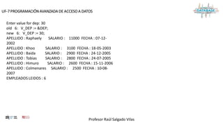 Profesor Raúl Salgado Vilas
UF-7 PROGRAMACIÓN AVANZADA DE ACCESO A DATOS
Enter value for dep: 30
old 6: V_DEP := &DEP;
new 6: V_DEP := 30;
APELLIDO : Raphaely SALARIO : 11000 FECHA : 07-12-
2002
APELLIDO : Khoo SALARIO : 3100 FECHA : 18-05-2003
APELLIDO : Baida SALARIO : 2900 FECHA : 24-12-2005
APELLIDO : Tobias SALARIO : 2800 FECHA : 24-07-2005
APELLIDO : Himuro SALARIO : 2600 FECHA : 15-11-2006
APELLIDO : Colmenares SALARIO : 2500 FECHA : 10-08-
2007
EMPLEADOS LEIDOS : 6
 