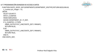 Profesor Raúl Salgado Vilas
UF-7 PROGRAMACIÓN AVANZADA DE ACCESO A DATOS
FUNCTION EXISTE_DEP(P_DEP DEPARTMENTS.DEPARTMENT_ID%TYPE) RETURN BOOLEAN AS
v_cuantos pls_integer := 0;
BEGIN
SELECT COUNT(*)
INTO V_CUANTOS
FROM EMPLOYEES
WHERE DEPARTMENT_ID = P_DEP;
IF V_CUANTOS = 0 THEN
DBMS_OUTPUT.PUT_LINE('EXISTE_DEP 1 PARAM');
RETURN FALSE;
ELSE
DBMS_OUTPUT.PUT_LINE('EXISTE_DEP 1 PARAM');
RETURN TRUE;
END IF;
END EXISTE_DEP;
 