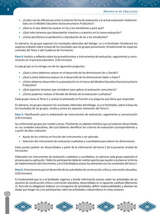 8
•	 ¿Cuáles son las diferencias entre la anterior forma de evaluación y la actual evaluación implemen-
tada con el Modelo Educativo Sociocomunitario Productivo?
•	 ¿Qué es lo que debemos evaluar en las y los estudiantes y para qué?
•	 ¿Qué roles tenemos que desempeñar maestras y maestros en la nueva evaluación?
•	 ¿Cómo percibimos la aprobación y reprobación de las y los estudiantes?
En plenaria, los grupos exponen los resultados obtenidos del diálogo. La o el facilitador fortalecerá los
aspectos tratados sobre la base de los resultados que los grupos presentarán, fortaleciendo los aspectos
centrales del Tema 1 del Cuaderno de Formación.
Paso 4: Análisis y reflexión sobre los procedimientos e instrumentos de evaluación, seguimiento y comu-
nicación en el proceso educativo. (120 minutos)
A cada grupo se le entrega una de las siguientes preguntas:
•	 ¿Qué y cómo debemos valorar en el desarrollo de las dimensiones Ser y Decidir?
•	 ¿Qué y cómo debemos evaluar en el desarrollo de las dimensiones Saber y Hacer?
•	 ¿Cómo debemos desarrollar la autoevalución en el marco del Modelo Educativo Sociocomunitario
Productivo?
•	 ¿Qué aspectos tenemos que considerar para aplicar la evaluación comunitaria?
•	 ¿Cómo podemos realizar el llenado de libretas de la evaluación cualitativa?
Cada grupo revisa el Tema 2 y analiza lo planteado en función a la pregunta que tiene que responder.
En plenaria, los grupos exponen los resultados obtenidos del diálogo. La o el facilitador, sobre la base de
los resultados de los grupos, resalta y aclara los aspectos relevantes del Tema 2.
Paso 5. Planificación para la elaboración de instrumentos de evaluación, seguimiento y comunicación
(120 minutos).
Se conformarán grupos por niveles y áreas. Plantearán un objetivo holístico que ya hubieran desarrollado
en sus unidades educativas, del cual deberán identificar los criterios de evaluación correspondientes y
a partir de ellos realizarán:
•	 Ajuste de los criterios en función del instrumento a ser aplicado.
•	 Selección del instrumento de evaluación cualitativa y cuantitativa para valorar las dimensiones.
Estos puntos podrán ser desarrollados a partir de la información del tema 2 de la presente Unidad de
Formación.
Elaborados los instrumentos de evaluación cualitativa y cuantitativa, en plenaria cada grupo expondrá el
proceso para su aplicación. Todos los participantes deberán realizar aportes que ayuden a esclarecer la forma
de implementación del instrumento, y el o la facilitadora aclarar los elementos con los contenidos del tema 2.
Paso 6. Orientaciones para el desarrollo de las actividades de construcción crítica y concreción educativa.
(120 minutos).
Es fundamental que la o el facilitador organice y brinde información precisa sobre las actividades de las
sesiones de construcción crítica y concreción educativa, desarrolladas en el siguiente subtítulo (Momento
2). Para ello es obligatorio elaborar un cronograma de actividades, definir responsabilidades y absolver las
dudas que tengan las y los participantes sobre las actividades a desarrollarse en estas sesiones.
 