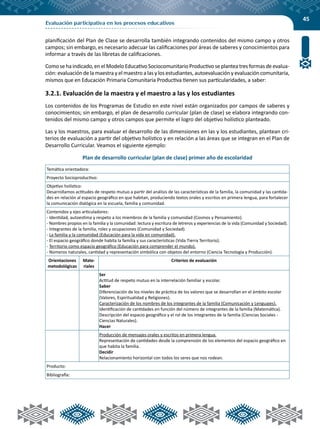45
Evaluación participativa en los procesos educativos
planificación del Plan de Clase se desarrolla también integrando contenidos del mismo campo y otros
campos; sin embargo, es necesario adecuar las calificaciones por áreas de saberes y conocimientos para
informar a través de las libretas de calificaciones.
Como se ha indicado, en el Modelo Educativo Sociocomunitario Productivo se plantea tres formas de evalua-
ción: evaluación de la maestra y el maestro a las y los estudiantes, autoevaluación y evaluación comunitaria,
mismos que en Educación Primaria Comunitaria Productiva tienen sus particularidades, a saber:
3.2.1. Evaluación de la maestra y el maestro a las y los estudiantes
Los contenidos de los Programas de Estudio en este nivel están organizados por campos de saberes y
conocimientos; sin embargo, el plan de desarrollo curricular (plan de clase) se elabora integrando con-
tenidos del mismo campo y otros campos que permite el logro del objetivo holístico planteado.
Las y los maestros, para evaluar el desarrollo de las dimensiones en las y los estudiantes, plantean cri-
terios de evaluación a partir del objetivo holístico y en relación a las áreas que se integran en el Plan de
Desarrollo Curricular. Veamos el siguiente ejemplo:
Plan de desarrollo curricular (plan de clase) primer año de escolaridad
Temática orientadora:
Proyecto Socioproductivo:
Objetivo holístico:
Desarrollamos actitudes de respeto mutuo a partir del análisis de las características de la familia, la comunidad y las cantida-
des en relación al espacio geográfico en que habitan, produciendo textos orales y escritos en primera lengua, para fortalecer
la comunicación dialógica en la escuela, familia y comunidad.
Contenidos y ejes articuladores:
- Identidad, autoestima y respeto a los miembros de la familia y comunidad (Cosmos y Pensamiento).
- Nombres propios en la familia y la comunidad: lectura y escritura de letreros y experiencias de la vida (Comunidad y Sociedad).
- Integrantes de la familia, roles y ocupaciones (Comunidad y Sociedad).
- La familia y la comunidad (Educación para la vida en comunidad).
- El espacio geográfico donde habita la familia y sus características (Vida Tierra Territorio).
- Territorio como espacio geográfico (Educación para comprender el mundo).
- Números naturales, cantidad y representación simbólica con objetos del entorno (Ciencia Tecnología y Producción).
Orientaciones
metodológicas
Mate-
riales
Criterios de evaluación
Ser
Actitud de respeto mutuo en la interrelación familiar y escolar.
Saber
Diferenciación de los niveles de práctica de los valores que se desarrollan en el ámbito escolar
(Valores, Espiritualidad y Religiones).
Caracterización de los nombres de los integrantes de la familia (Comunicación y Lenguajes).
Identificación de cantidades en función del número de integrantes de la familia (Matemática).
Descripción del espacio geográfico y el rol de los integrantes de la familia (Ciencias Sociales -
Ciencias Naturales).
Hacer
Producción de mensajes orales y escritos en primera lengua.
Representación de cantidades desde la comprensión de los elementos del espacio geográfico en
que habita la familia.
Decidir
Relacionamiento horizontal con todos los seres que nos rodean.
Producto:
Bibliografía:
 