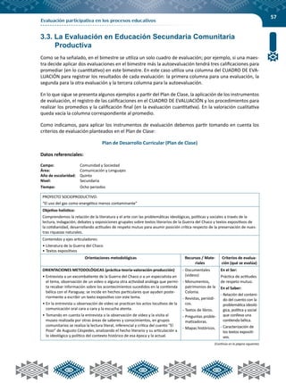 57
Evaluación participativa en los procesos educativos
3.3. La Evaluación en Educación Secundaria Comunitaria
Productiva
Como se ha señalado, en el bimestre se utiliza un solo cuadro de evaluación; por ejemplo, si una maes-
tra decide aplicar dos evaluaciones en el bimestre más la autoevaluación tendrá tres calificaciones para
promediar (en lo cuantitativo) en este bimestre. En este caso utiliza una columna del CUADRO DE EVA-
LUACIÓN para registrar los resultados de cada evaluación: la primera columna para una evaluación, la
segunda para la otra evaluación y la tercera columna para la autoevaluación.
En lo que sigue se presenta algunos ejemplos a partir del Plan de Clase, la aplicación de los instrumentos
de evaluación, el registro de las calificaciones en el CUADRO DE EVALUACIÓN y los procedimientos para
realizar los promedios y la calificación final (en la evaluación cuantitativa). En la valoración cualitativa
queda vacía la columna correspondiente al promedio.
Como indicamos, para aplicar los instrumentos de evaluación debemos partir tomando en cuenta los
criterios de evaluación planteados en el Plan de Clase:
Plan de Desarrollo Curricular (Plan de Clase)
Datos referenciales:
Campo:	 Comunidad y Sociedad
Área:	 Comunicación y Lenguajes
Año de escolaridad:	Quinto
Nivel:	Secundaria
Tiempo:	 Ocho periodos
PROYECTO SOCIOPRODUCTIVO:
“El uso del gas como energético menos contaminante”
Objetivo holístico:
Comprendemos la relación de la literatura y el arte con las problemáticas ideológicas, políticas y sociales a través de la
lectura, indagación, debates y exposiciones grupales sobre textos literarios de la Guerra del Chaco y textos expositivos de
la cotidianidad, desarrollando actitudes de respeto mutuo para asumir posición crítica respecto de la preservación de nues-
tras riquezas naturales.
Contenidos y ejes articuladores:
•	Literatura de la Guerra del Chaco
•	Textos expositivos
Orientaciones metodológicas Recursos / Mate-
riales
Criterios de evalua-
ción (qué se evalúa)
ORIENTACIONES METODOLÓGICAS (práctica-teoría-valoración-producción)
•	Entrevista a un excombatiente de la Guerra del Chaco o a un especialista en
el tema, observación de un video o alguna otra actividad análoga que permi-
ta recabar información sobre los acontecimientos sucedidos en la contienda
bélica con el Paraguay; se incide en hechos particulares que ayuden poste-
riormente a escribir un texto expositivo con este tema.
•	En la entrevista u observación de video se practican los actos locutivos de la
comunicación oral cara a cara y la escucha atenta.
•	Tomando en cuenta la entrevista o la observación de video y la visita al
museo realizada por otras áreas de saberes y conocimientos, en grupos
comunitarios se realiza la lectura literal, inferencial y crítica del cuento “El
Pozo” de Augusto Céspedes, analizando el hecho literario y su articulación a
lo ideológico y político del contexto histórico de esa época y la actual.
-	Documentales
(videos)
-	Monumentos,
patrimonios de la
Colonia.
-	Revistas, periódi-
cos.
-	Textos de libros.
-	Preguntas proble-
matizadoras.
-	Mapas históricos.
En el Ser:
Práctica de actitudes
de respeto mutuo.
En el Saber:
-	Relación del conteni-
do del cuento con la
problemática ideoló-
gica, política y social
que conlleva una
contienda bélica.
-	Caracterización de
los textos expositi-
vos.
(Continúa en la página siguiente)
 