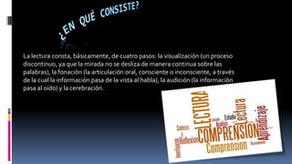 La lectura consta, básicamente, de cuatro pasos: la visualización (un proceso
discontinuo, ya que la mirada no se desliza de manera continua sobre las
palabras), la fonación (la articulación oral, consciente o inconsciente, a través
de la cual la información pasa de la vista al habla), la audición (la información
pasa al oído) y la cerebración.
 