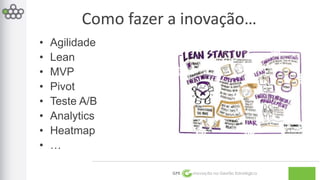Como fazer a inovação… 
GPE Inovação na Gestão Estratégica 
• Agilidade 
• Lean 
• MVP 
• Pivot 
• Teste A/B 
• Analytics 
• Heatmap 
• … 
 