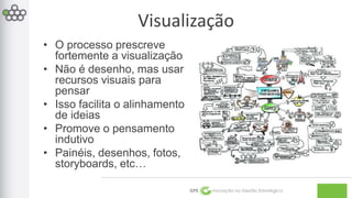 Visualização 
GPE Inovação na Gestão Estratégica 
• O processo prescreve 
fortemente a visualização 
• Não é desenho, mas usar 
recursos visuais para 
pensar 
• Isso facilita o alinhamento 
de ideias 
• Promove o pensamento 
indutivo 
• Painéis, desenhos, fotos, 
storyboards, etc… 
 