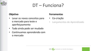 DT – Funciona? 
GPE Inovação na Gestão Estratégica 
Objetivo 
• Levar os novos conceitos para 
o mercado para teste e 
aperfeiçoamento 
• Tudo ainda pode ser mudado 
• Continuamos aprendendo com 
o mercado 
Ferramentas 
• Co-criação 
• Lançamentos de Aprendizado 
 